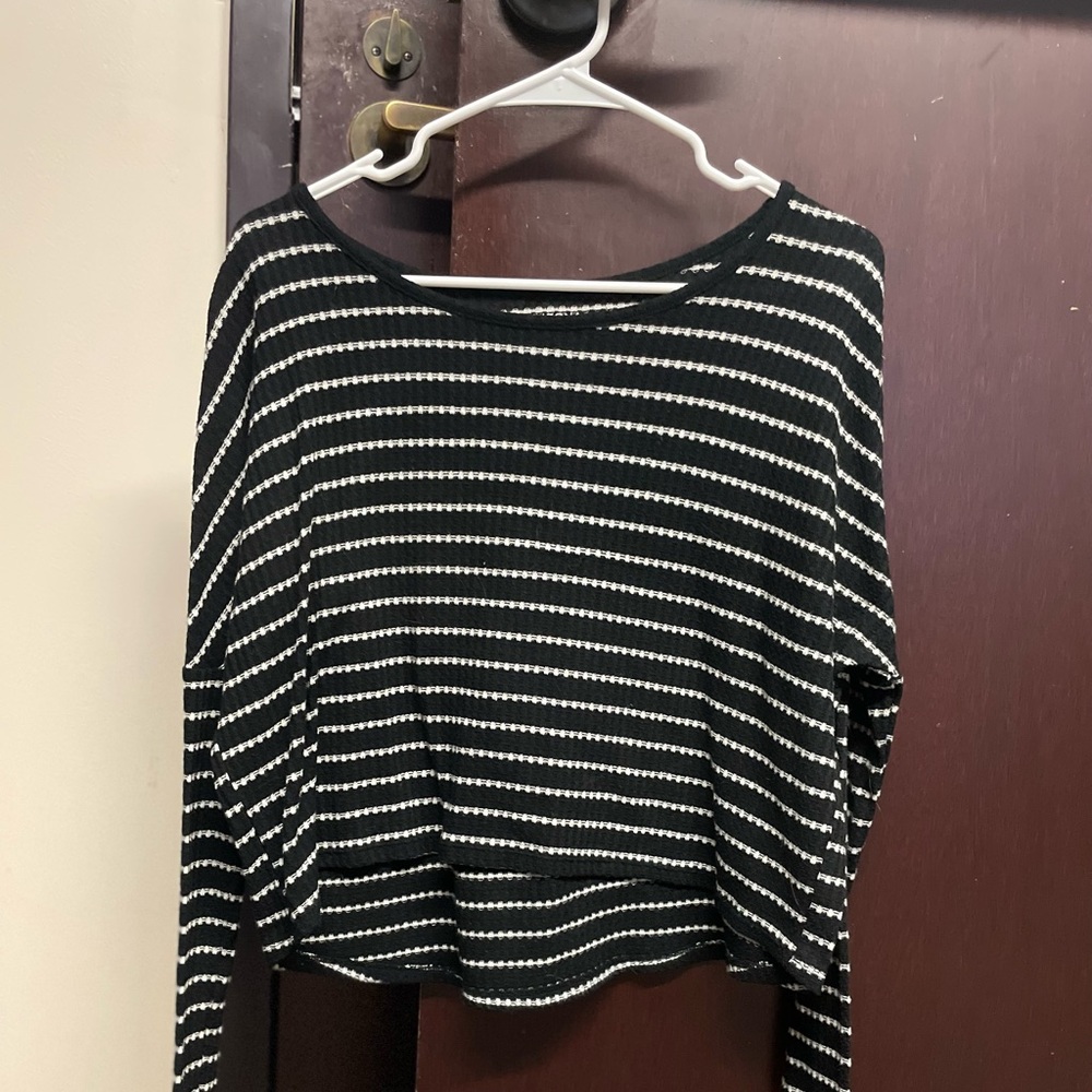 Black and white striped waffle knot long-sleeved top